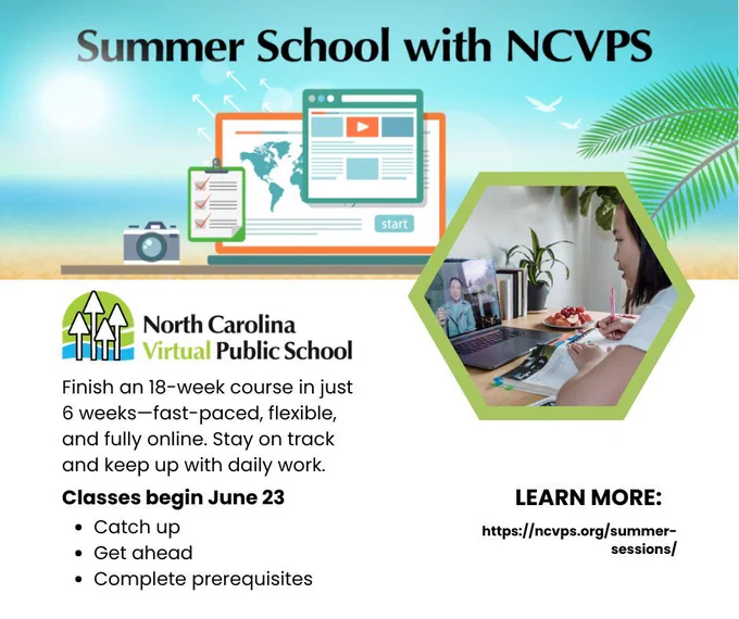 Promotional graphic for North Carolina Virtual Public School (NCVPS) summer school featuring an illustration of online learning elements over a beach scene and a photo inset of a student studying online.