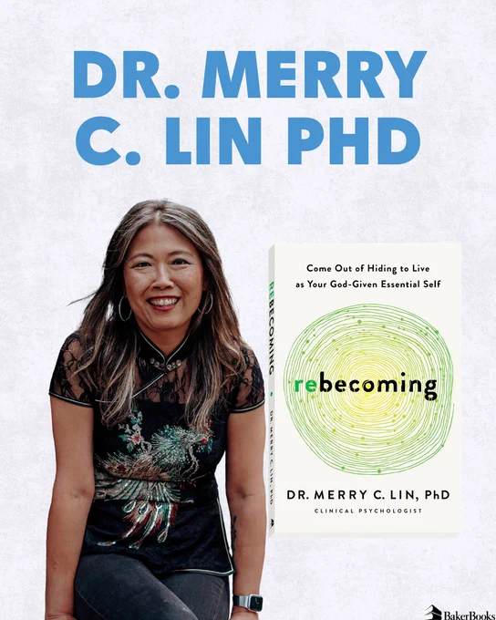 This image shows a person smiling and sitting next to a book titled "Rebecoming" by Dr. Merry C. Lin, PhD. The background is light with the text "Dr. Merry C. Lin PhD" at the top. The book cover displays a circular, green pattern.
