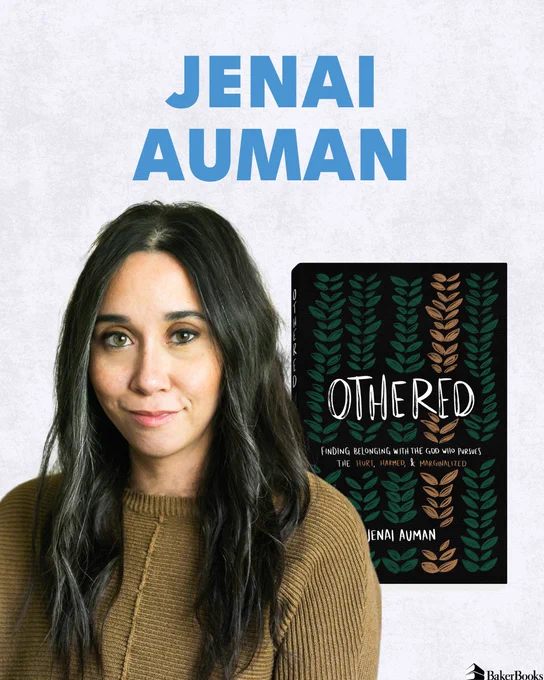 This image shows a person with long dark hair wearing a brown sweater, sitting in front of a white background. The text "Jenai Auman" is displayed prominently at the top. Next to the person is a book cover titled "Othered" with a subtitle about belonging. The cover features a pattern of leaves. The Baker Books logo is at the bottom.