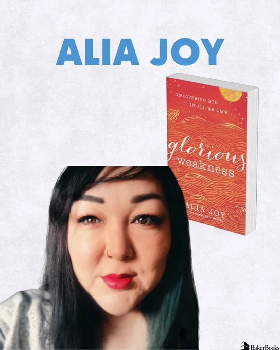 The image shows a book titled "Glorious Weakness" by Alia Joy, with a cover featuring a red and orange design. The text "Alia Joy" is displayed prominently above, next to a photo of the author.