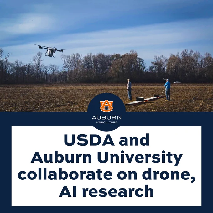 A drone flies over a field with two individuals nearby. The image includes text: "USDA and Auburn University collaborate on drone, AI research," with the Auburn Agriculture logo.