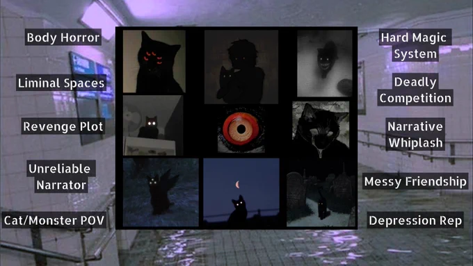A moodboard with different black cats with glowing eyes in creepy settings, plus tropes including body horror, liminal spaces, revenge plot, unreliable narrator, cat/monster pov, hard magic system, deadly competition, narrative whiplash, messy friendship, depression rep.