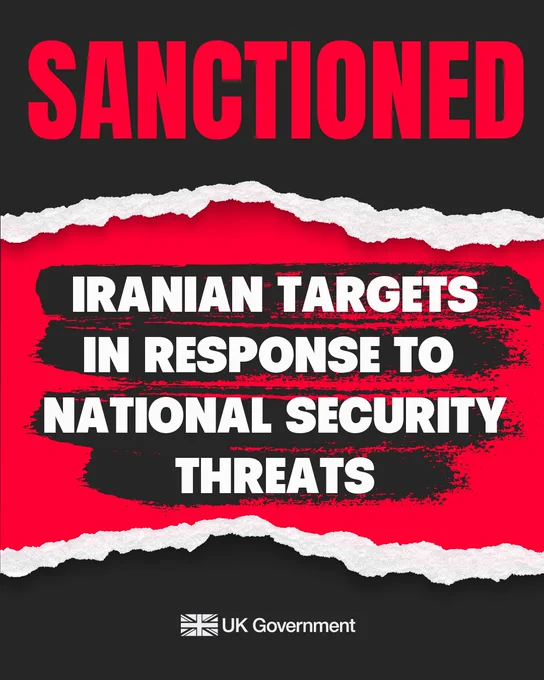 Graphic with red and white text on a contrasting background that reads: SANCTIONED: IRANIAN TARGETS IN RESPONSE TO NATIONAL SECURITY THREATS with the UK Government logo at the bottom