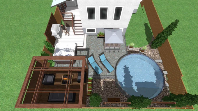 3D rendered backyard design showing a deck, pergola seating area, hot tub, dining space, and round pool layout from an overhead view.