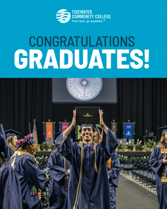 A person in a graduation cap and gown is holding up a diploma cover and smiling, surrounded by others in similar attire. The background features a stage with the TCC seal and multiple flags. The top of the image contains the text "Congratulations Graduates!" and "Tidewater Community College.