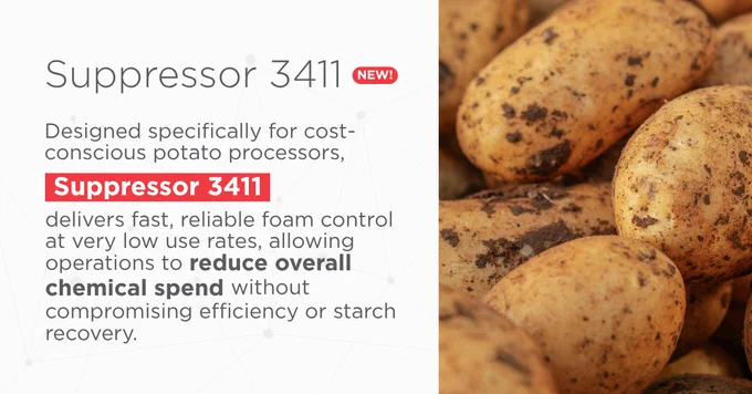 Text: "Designed specifically for cost-conscious potato processors, Suppressor 3411 delivers fast, reliable foam control at very low use rates, allowing operations to reduce overall chemical spend without compromising efficiency or starch recovery.