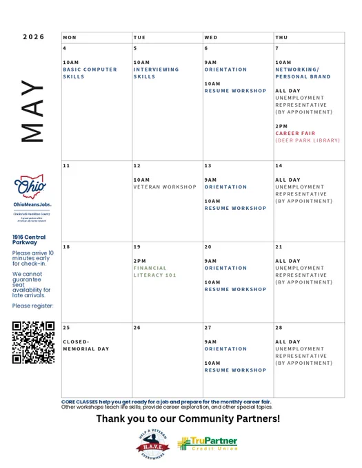 A schedule for the May 2026 Job Readiness workshops.