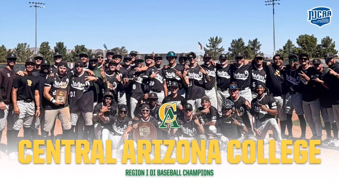 Central Arizona College Region I DI Baseball Champions. Team photo in black uniforms on field