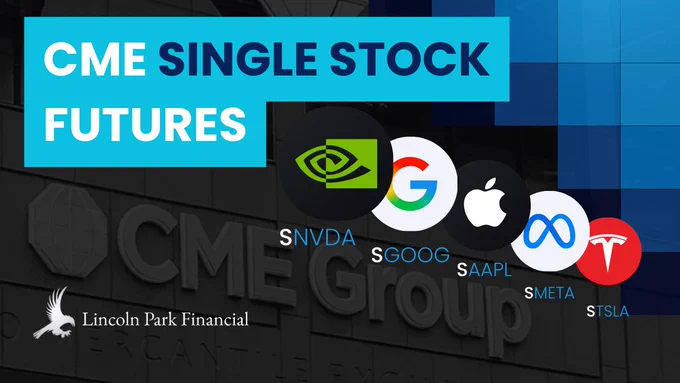 Educational graphic about CME Single Stock Futures, highlighting individual stock futures contracts on major U.S. companies such as Tesla, Apple, NVIDIA, Microsoft, Meta, and Amazon. The image promotes a video explaining contract size, tick value, nearly 24-hour trading, capital efficiency, and futures brokerage account access. Futures trading involves substantial risk of loss.