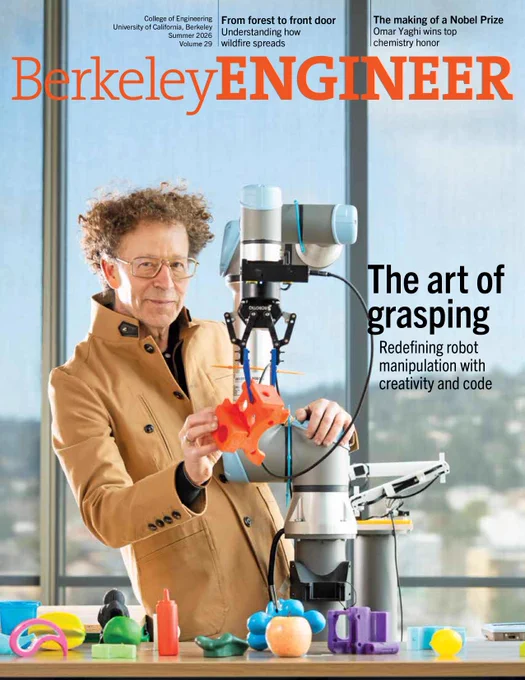 The Berkeley Engineer magazine cover featuring Professor Ken Goldberg holding colorful objects up to a robot grasper. (Photo by Adam Lau / Berkeley Engineering)