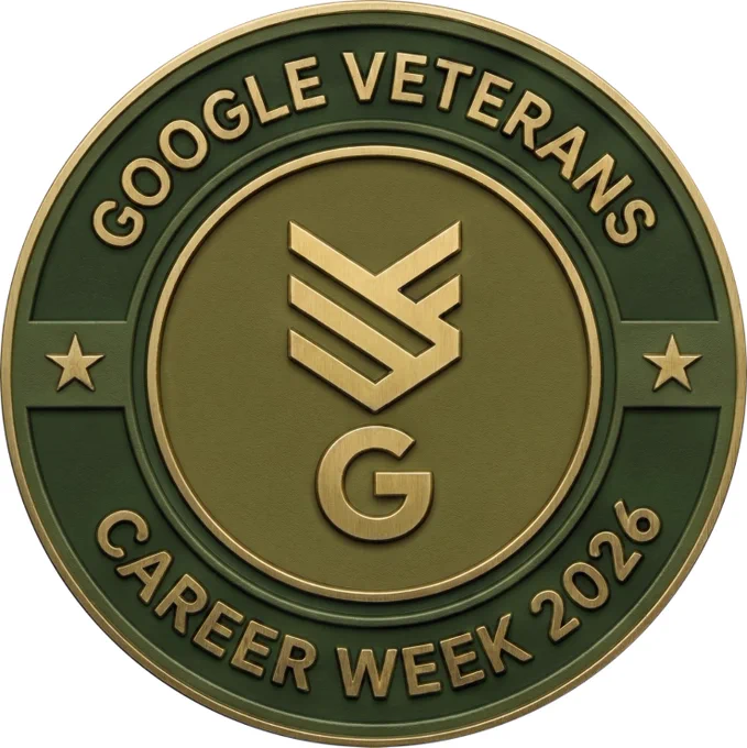 A circular olive green and gold medallion featuring a stylized chevron logo and the text "Google Veterans Career Week 2026."