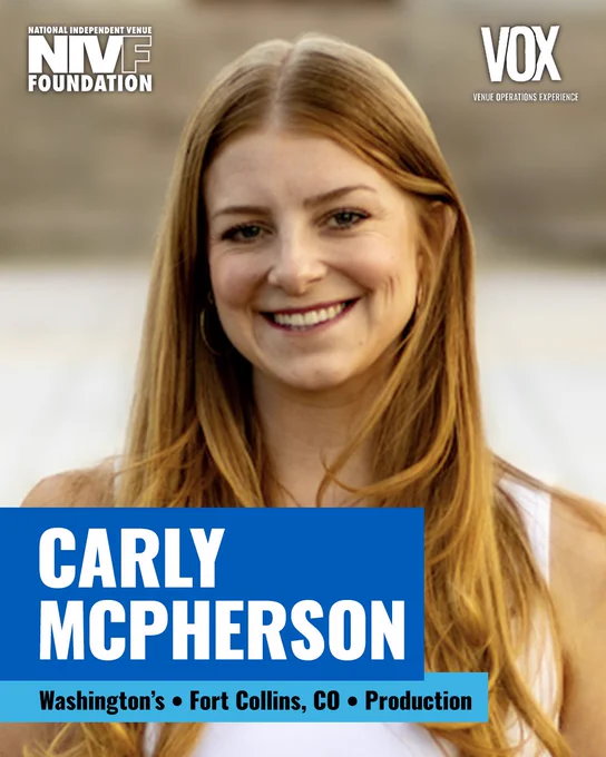 Portrait of Carly McPherson associated with the National Independent Venue Foundation at Washington's, Fort Collins, CO. Mood is professional and approachable.