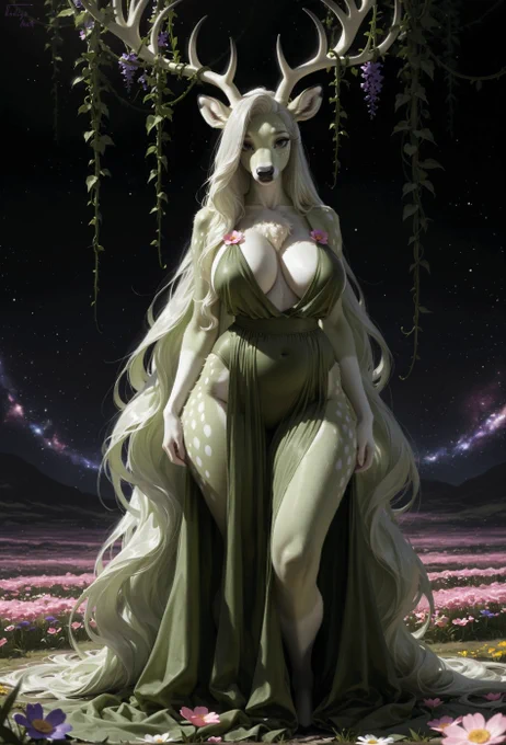 Gaia, depicted as a pale green deer anthro with large white antlers and long flowing white hair, stands in a moonlit flower field beneath hanging vines and purple blossoms. She wears a draped dark green dress with pink flower accents, surrounded by a starry night sky, distant mountains, and a glowing band of purple light across the horizon.