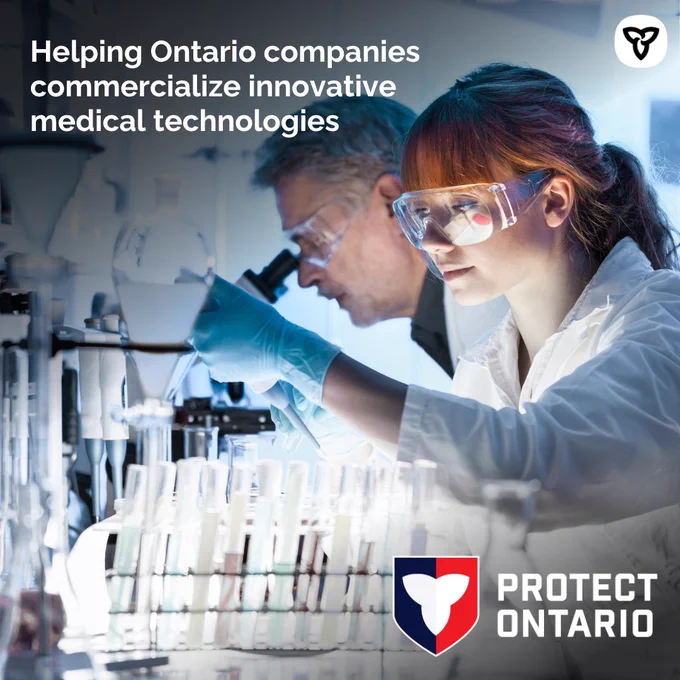 Healthcare professionals carrying out experiments. Title: Helping Ontario companies commercialize innovative medical technologies . Protect Ontario.
