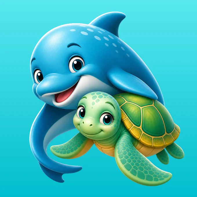 The cutest cartoon dolphin hugging the cutest little cartoon sea turtle