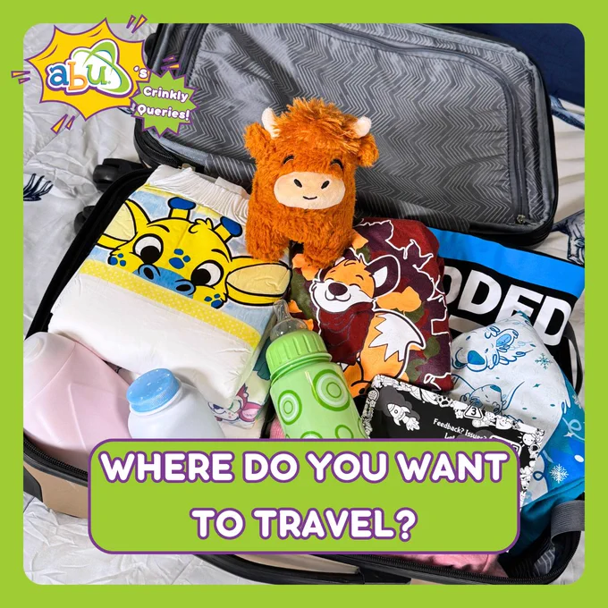 Photo of an open suitcase full of ABU tee-shirts, diapers, and changing supplies. A graphic is in the top right corner of the image states "ABU's Crinkly Queries!" and a text bubble at the bottom of the image asks "Where do you want to travel?"