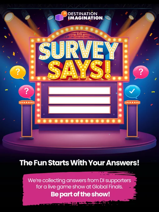 Colorful Destination Imagination “Survey Says!” game show graphic with spotlights, confetti, podiums, and a blank answer board. Text reads: “The Fun Starts With Your Answers!” and invites DI supporters to submit answers for a live game show at Global Finals.