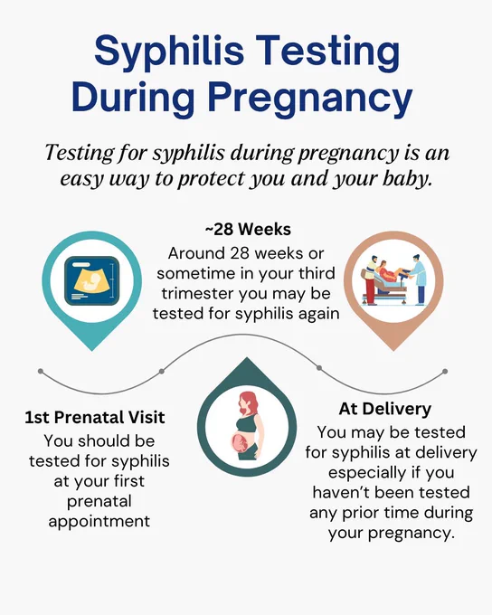 An off white background with large dark blue text at the top that says "syphilis testing during pregnancy". Below that in italics it says "testing for syphilis during pregnancy is an easy way to protect you and your baby." Below that is a timeline graphic that shows when people should get tested for syphilis during pregnancy. These include the 1st prenatal visit, around 28 weeks and at delivery. 