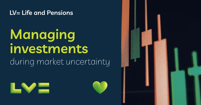 The text reads "Managing investments during market uncertainty." A green heart symbol is next to the LV logo and an abstract graph is shown on the right.