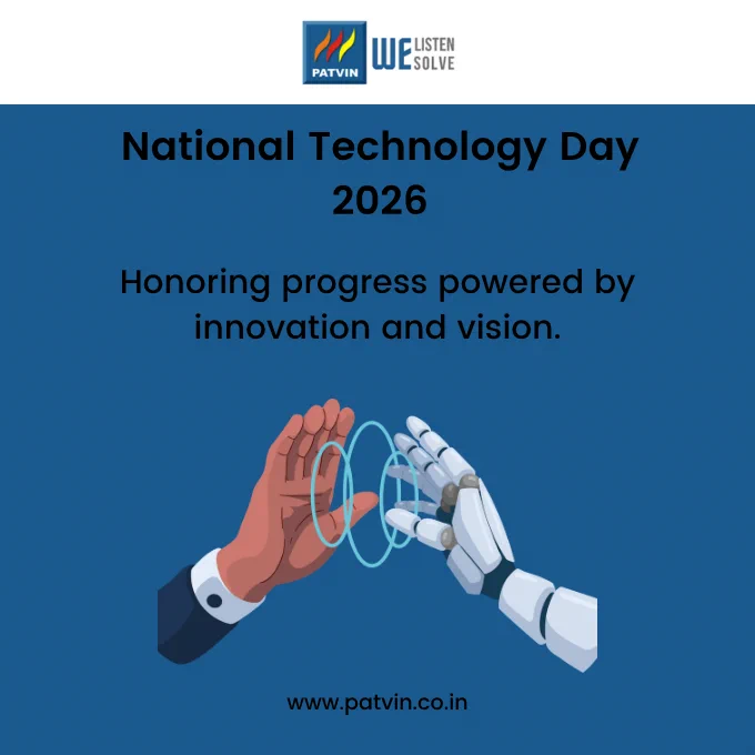 Patvin National Technology Day 2026 creative showing a human hand and robotic hand touching with the message honouring progress powered by innovation and vision.