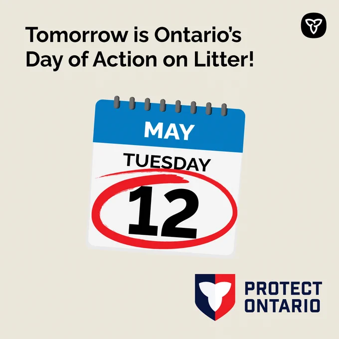 Image of calendar with the date Tuesday May 12th on it. Asset text reads "Tomorrow is Ontario's Day of Action on Litter!"