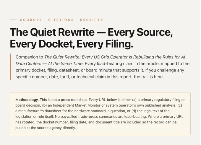 Companion to The Quiet Rewrite: Every US Grid Operator Is Rebuilding the Rules for AI Data Centers — At the Same Time. Every load-bearing claim in the article, mapped to the primary docket, filing, datasheet, or board minute that supports it. If you challenge any specific number, date, tariff, or technical claim in this report, the trail is here.