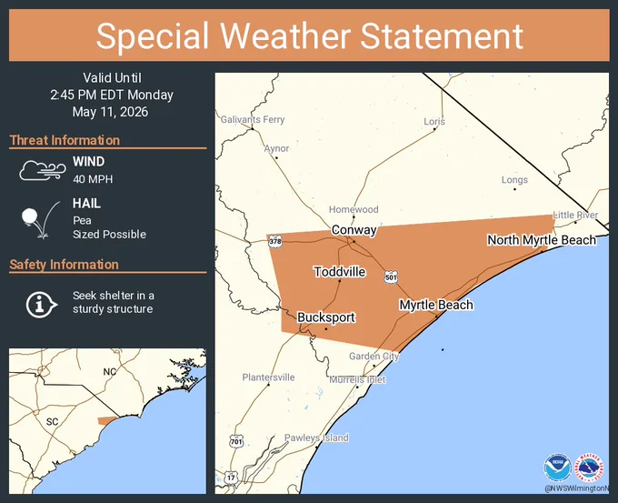 This graphic displays a special weather statement plotted on a map. The statement is in effect until 2:45 PM EDT.  The statement includes Myrtle Beach SC, Socastee SC and  Conway SC.  A STRONG THUNDERSTORM WILL IMPACT NORTHEASTERN GEORGETOWN AND SOUTHERN HORRY COUNTIES THROUGH 245 PM EDT. The threats associated with this storm are wind gusts up to 40 MPH and pea sized hail. Seek shelter in a sturdy structure until the storm passes.