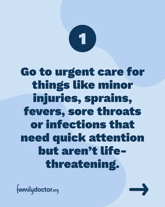 Number 1 tip for using urgent care, emphasizing minor injuries and non-life-threatening conditions. Includes website familydoctor.org in the corner.
