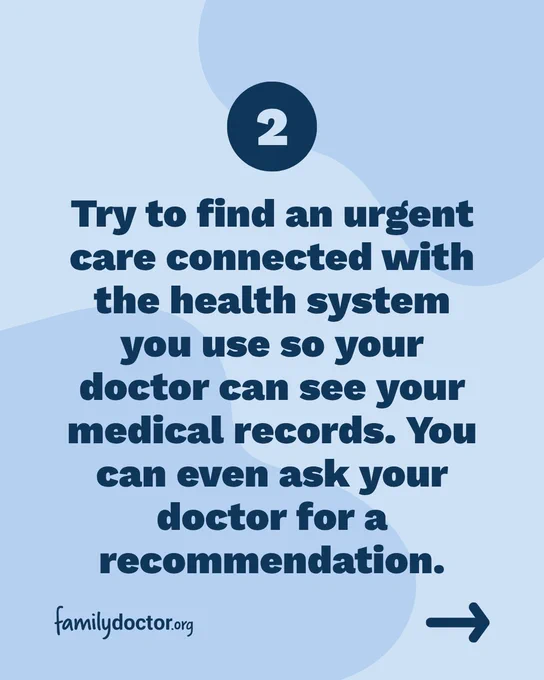 Guidance for finding urgent care, suggesting connection with your health system for access to medical records. Logo: familydoctor.org.