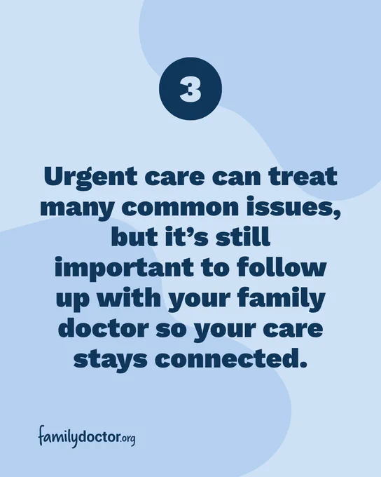 Text on a blue background reads: "3. Urgent care can treat many common issues, but it’s still important to follow up with your family doctor so your care stays connected." The bottom of the image displays "familydoctor.org.