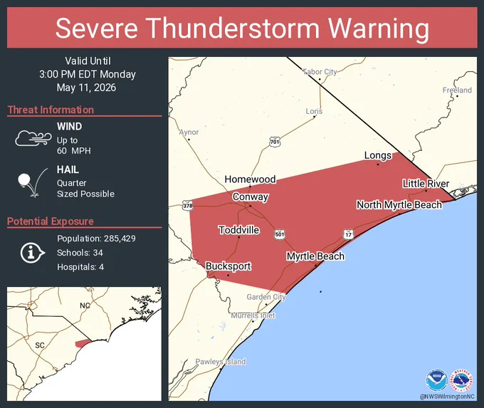 This graphic displays a severe thunderstorm warning plotted on a map. The warning is in effect until 3:00 PM EDT. The warning includes Myrtle Beach SC, Socastee SC and Conway SC.  This warning is for Southern Horry County in northeastern South Carolina. The threats associated with this warning are wind gusts up to 60 MPH and quarter sized hail. There are 285,429 people in the warning along with 34 schools and 4 hospitals.