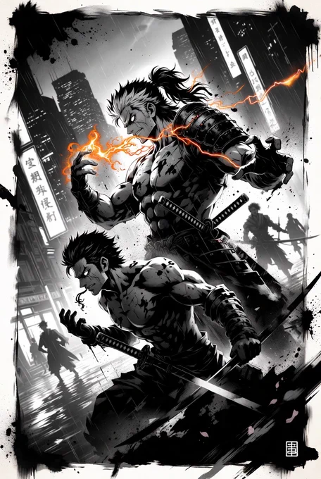 Black-and-white anime-style samurai warriors standing in a rain-soaked cyberpunk city at night, surrounded by glowing orange lightning energy. The scene has intense action vibes, dramatic shadows, swords, and futuristic neon signs, creating a dark warrior aesthetic.