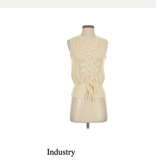 screenshot of a listing for a crocheted blouse with a rose motif and the word Industry