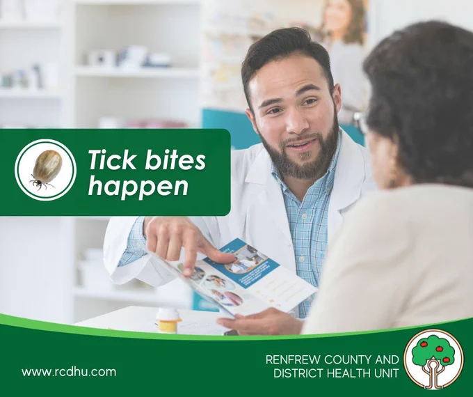 Pharmacist speaking to a patient. Text reads - tick bites happen 