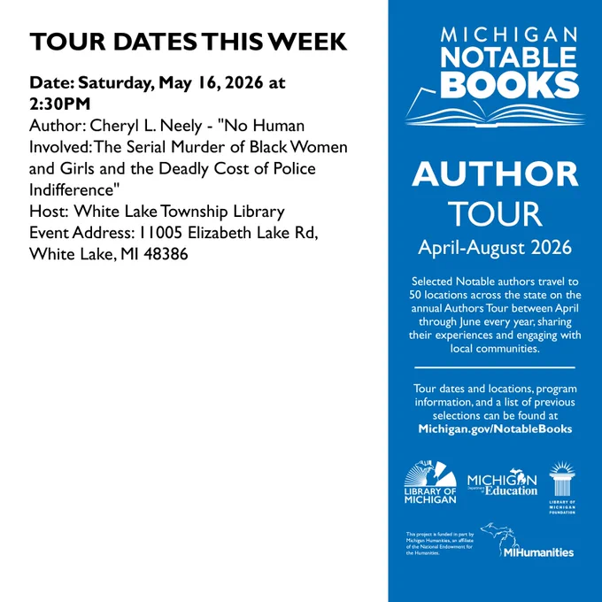 Michigan Notable Books program graphic featuring details about the program and the logos of the sponsors. More information at www.Michigan.gov/NotableBooks.