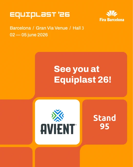 Orange promotional banner for Equiplast 2026 trade show, June 2–5 at Gran Via Hall 3, Fira Barcelona. Central text says "See you at Equiplast 26!" above the Avient logo, noting their presence at Stand 95.