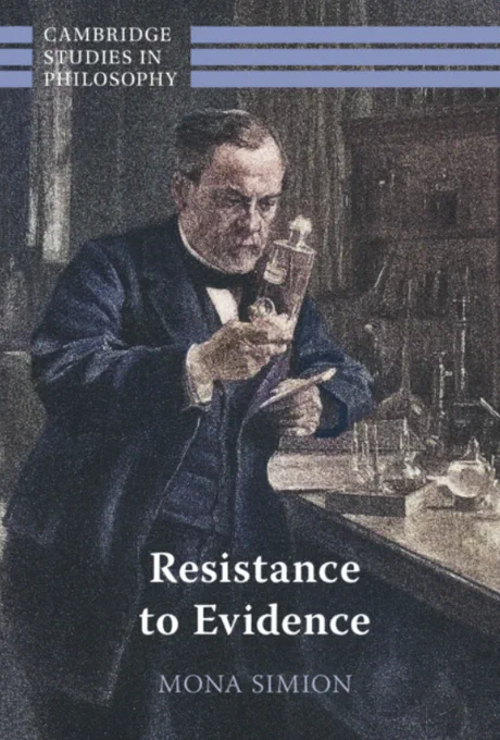 Cover of book, scientist looking at vial