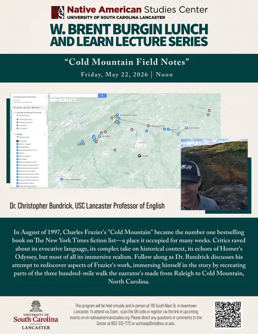 Flyer announcing the May Lunch and Learn, with photos of a headshot of Bundrick outdoors wearing a baseball cap and a map of the southeast.