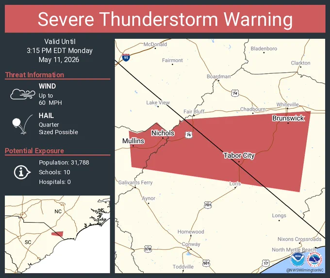 This graphic displays a severe thunderstorm warning plotted on a map. The warning is in effect until 3:15 PM EDT. The warning includes Mullins SC, Tabor City NC and Brunswick NC.  This warning is for Southwestern Columbus County in southeastern North Carolina, Northwestern Horry County in northeastern South Carolina and Northeastern Marion County in northeastern South Carolina. The threats associated with this warning are wind gusts up to 60 MPH and quarter sized hail. There are 31,788 people in the warning along with 10 schools and 0 hospitals.