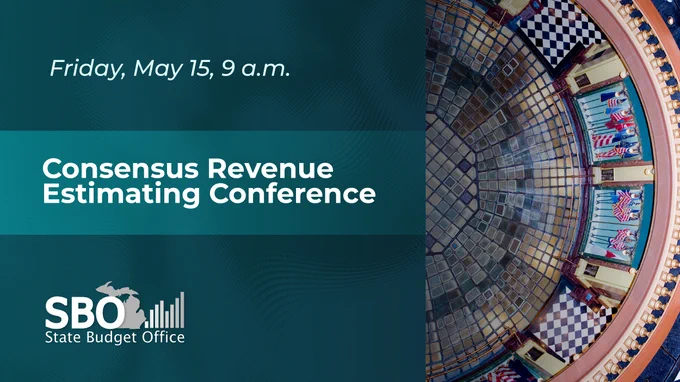 Text over an image of the capital floor that says, "Friday, May 15, 9 a.m. is the Consensus Revenue Estimating Conference."