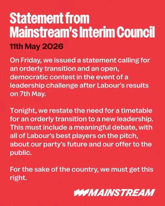 On Friday, we issued a statement calling for an orderly transition and an open, democratic contest in the event of a leadership challenge after Labour's results on 7th May.

Tonight, we restate the need for a timetable for an orderly transition to a new leadership. This must include a meaningful debate, with all of Labour's best players on the pitch, about our party's future and our offer to the public.

For the sake of the country, we must get this right.
