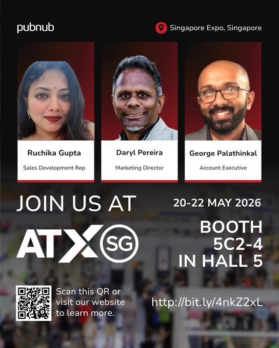 Promotional poster for the ATX SG event featuring team members. Includes a booth location and event dates at Singapore Expo.