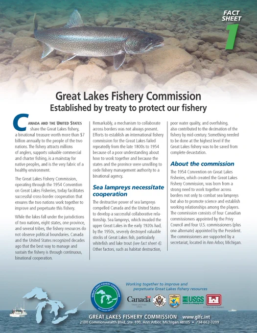 A photo that shows the front of the first fact sheet, titled, “Great Lakes Fishery Commission: Established by treaty to protect our fishery” with a picture of a lake trout swimming over a rocky lake bottom.