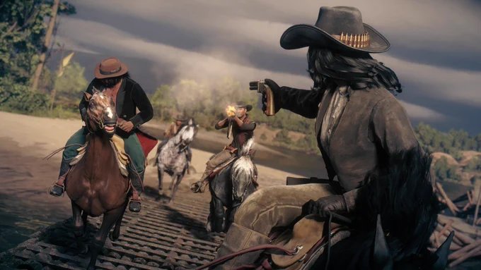 A Red Dead Online character on horseback races while firing a weapon toward three pursuing characters. 