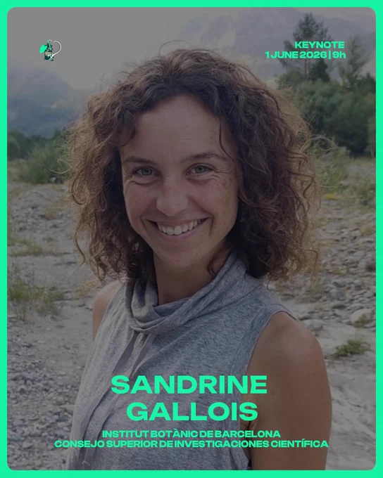 Promotional graphic with a green border featuring a smiling woman with curly brown hair wearing a sleeveless gray turtleneck, photographed outdoors with a blurred mountain landscape in the background. Green text in the upper right reads "Keynote, 1 June 2026, 9h." Large bold green text at the bottom reads "Sandrine Gallois," followed by her institution: "Institut Botànic de Barcelona, Consejo Superior de Investigaciones Científica." The SEB 2026 conference logo appears in the upper left corner.