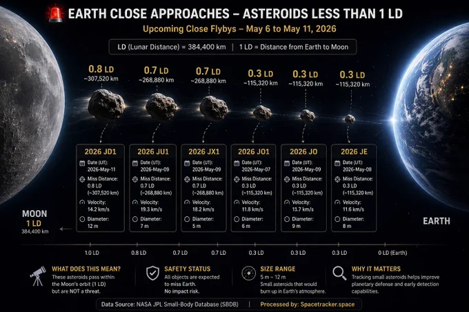🚨🌍 MULTIPLE ASTEROIDS PASSING INSIDE THE MOON’S ORBIT THIS WEEK

☄️ 2026 JO1 → 0.3 LD
☄️ 2026 JO → 0.3 LD
☄️ 2026 JU1 → 0.7 LD
☄️ 2026 JX1 → 0.7 LD
☄️ 2026 JD1 → 0.8 LD

Some are passing closer than satellite regions around Earth.

⚠️ No impact threat, but a powerful reminder that Earth constantly moves through a field of small Near-Earth Objects.

Processed by Spacetracker.space

#AsteroidAlert #Space #NASA #Astronomy #NEO #SpaceNews #PlanetaryDefense