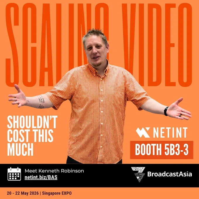 Man in an orange checkered shirt with arms open against an orange background promoting NETINT. Large text reads “Scaling video shouldn’t cost this much.” Includes booth 5B3-3 and BroadcastAsia event details, with a call to meet Kenneth Robinson.