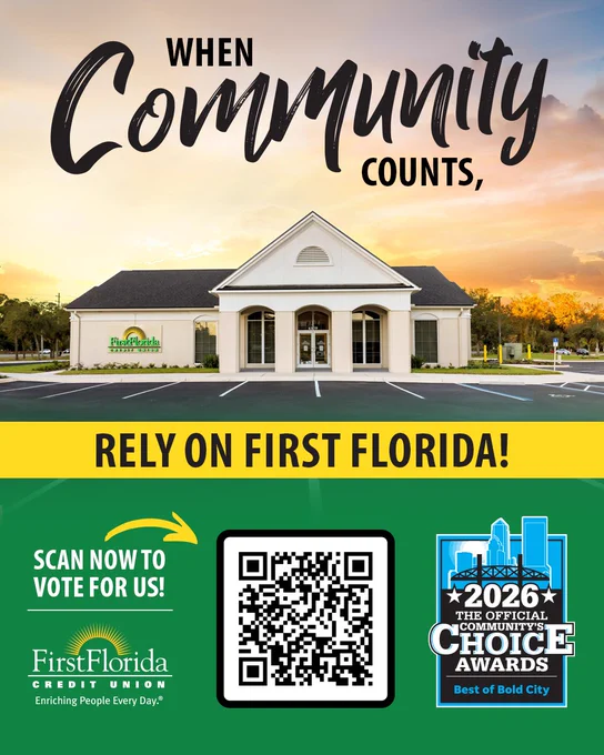 Exterior of a First Florida Credit Union building with the text "When Community Counts, Rely on First Florida!" A QR code is displayed, encouraging voting for the 2026 Community Choice Awards, labeled "Best of Bold City."