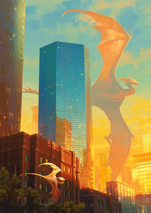 A gigantic mama dragon glides between skyscrapers in a glowing city at sunset. A teeny tiny baby dragon flaps through the foreground. The central skyscraper is cyan and blue. The dragons are both a pale cream color