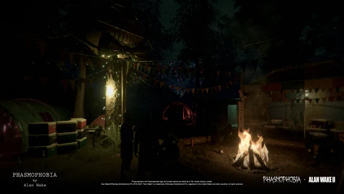 A screenshot from Phasmophobia's upcoming Alan Wake 2 crossover event. The Maple Lodge Campsite camp area is seen to be decorated with elements from Coffee World from Alan Wake 2. A large Mr Drippy mascot looms from the dark.